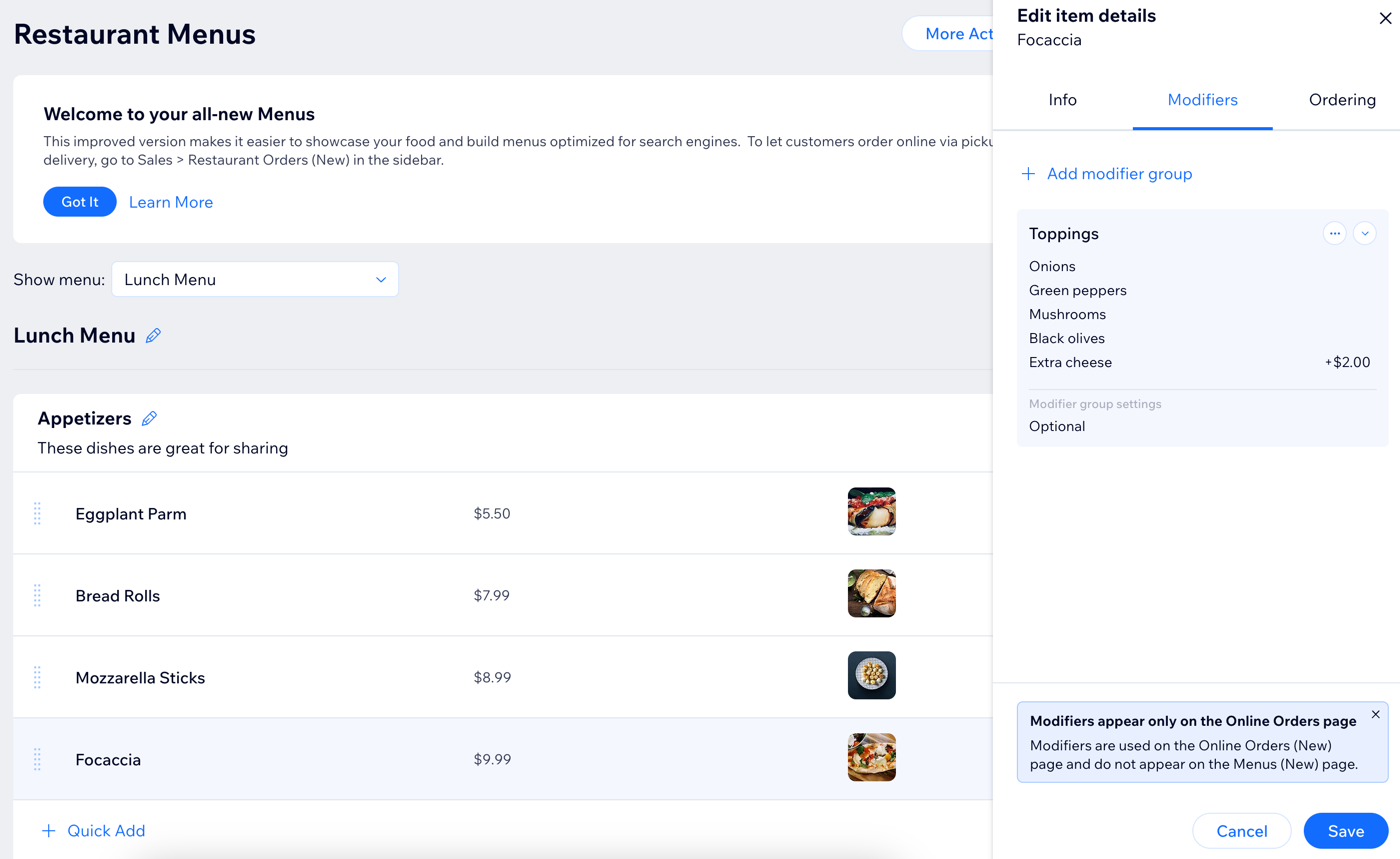 Screenshot des Modifikatoren-Panels in der Verwaltung der neuen Speisekarten-App von Wix.
