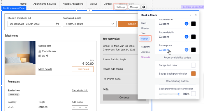 A screenshot showing how to customize the design of the Booking Engine in the Editor.