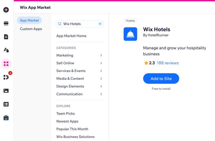 Wix 에디터에서 Wix 호텔 by HoterlRunner를 추가하는 스크린샷