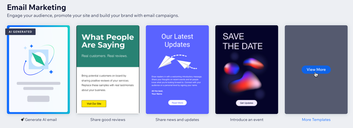 A screenshot of email marketing templates and click view more to see more templates.