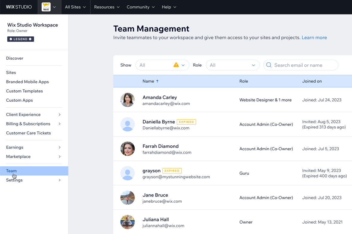 A screenshot of the team tab in Wix Studio where you can manage your team.