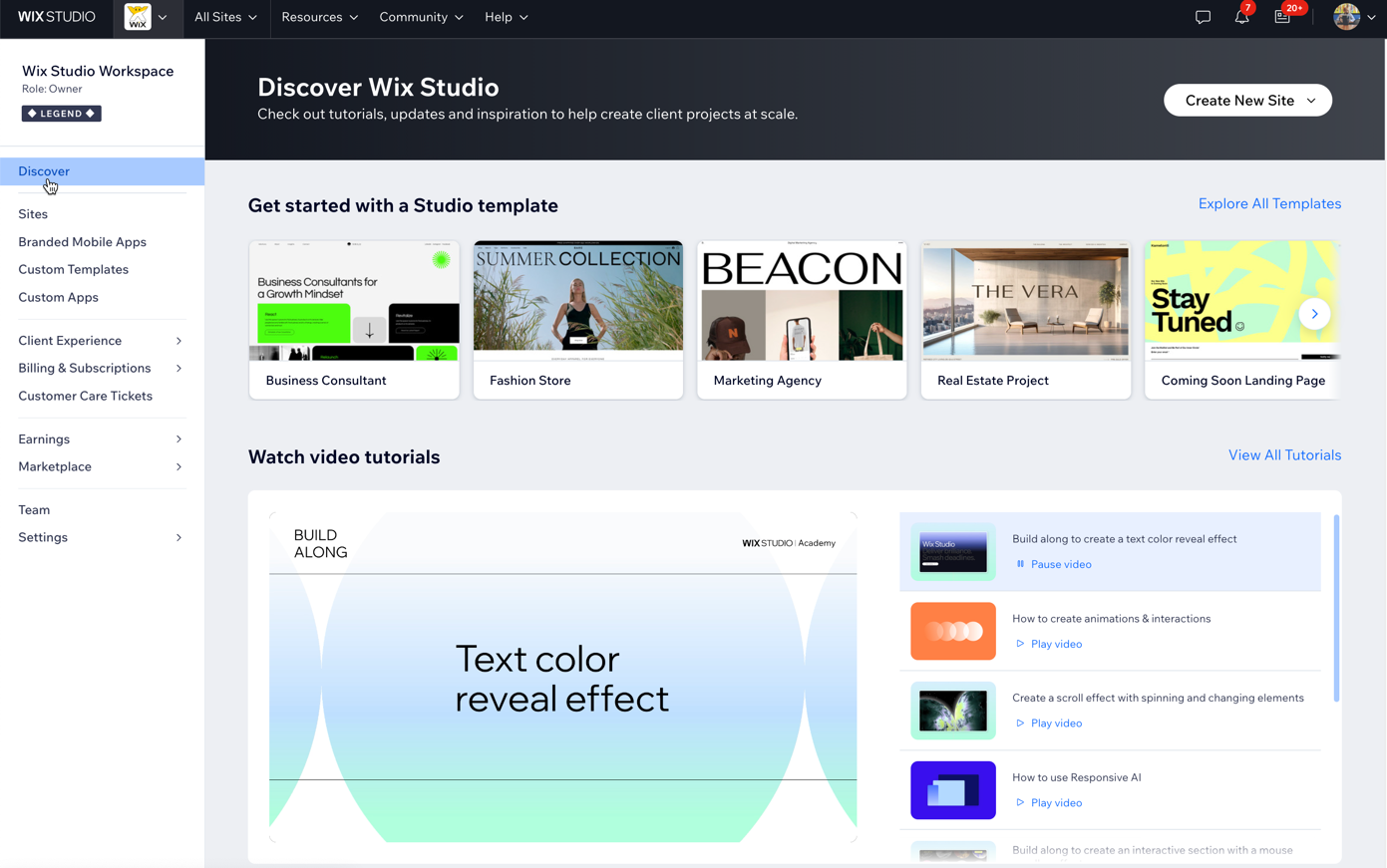 A screenshot of the Discover tab in the Wix Studio workspace.