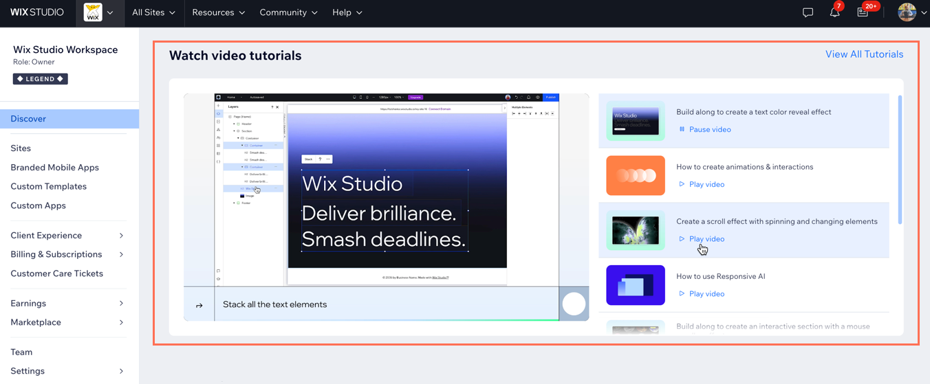 A screenshot of the Studio tutorials in the Discover tab of the workspace.