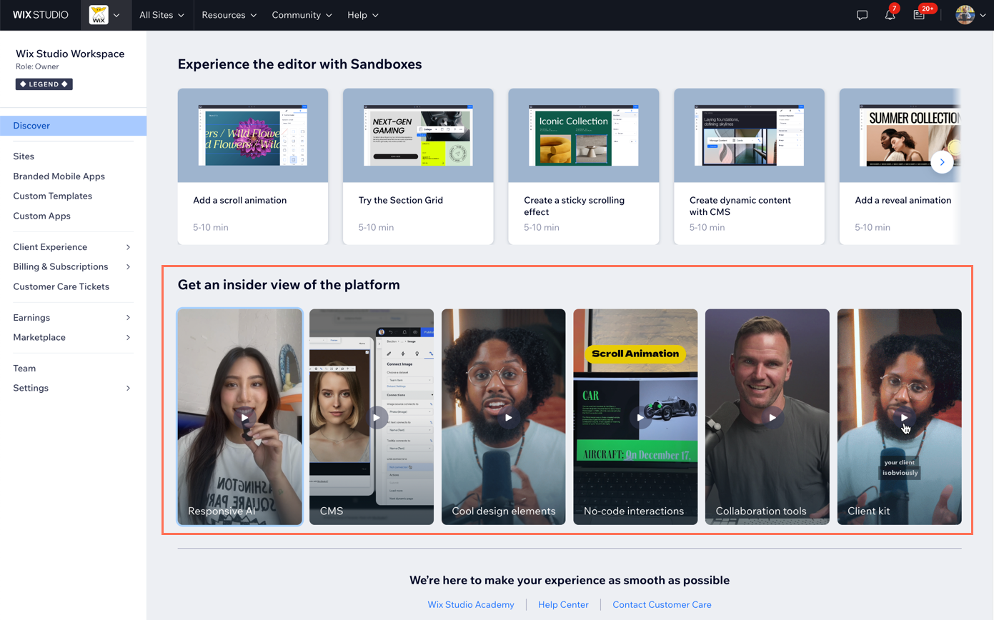 A screenshot of insider view videos in the Discover tab of your Wix Studio workspace.