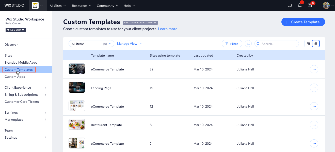 Uma captura de tela da aba templates personalizados no seu workspace do Wix Studio.