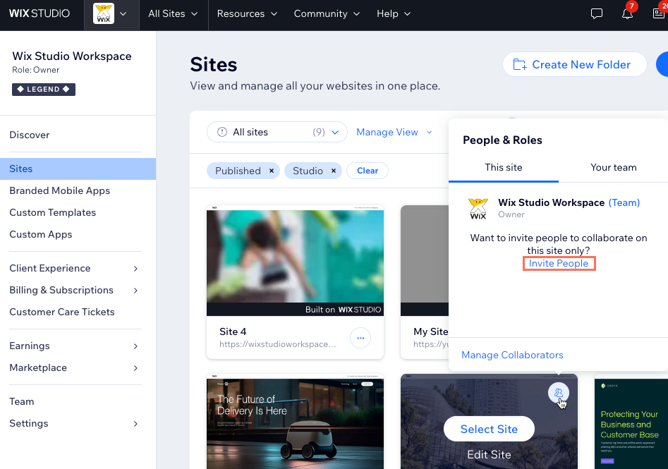 A screenshot of inviting people to a site in your Wix Studio workspace.