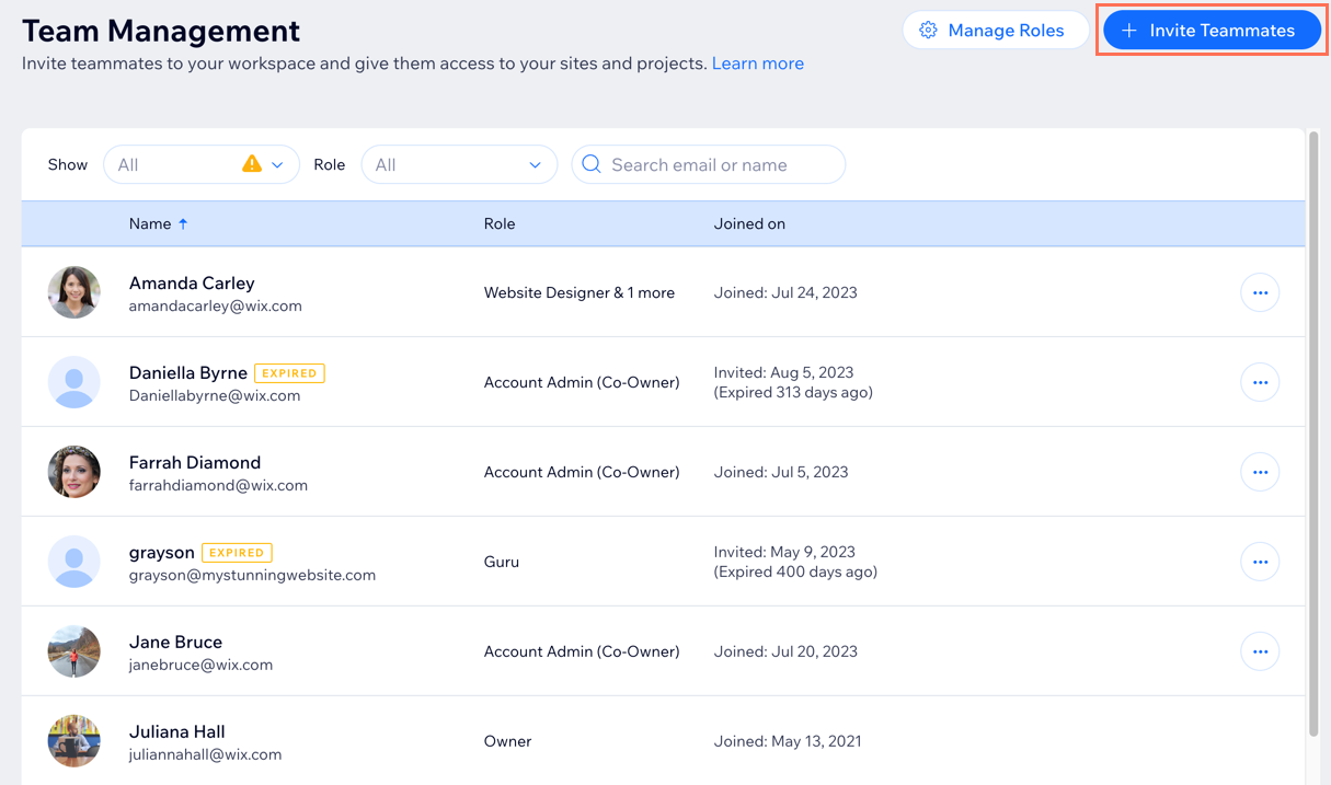 Une capture d'écran de coéquipiers invitant dans votre espace de travail Wix Studio dans l'onglet équipe.