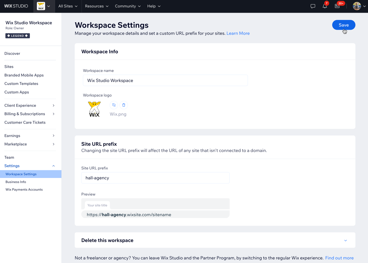 Screenshot des Tabs „Workspace-Einstellungen“ in Wix Studio