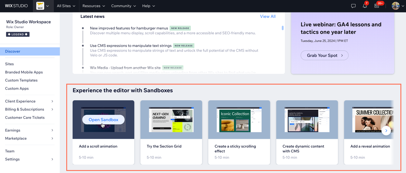 A screenshot showing the Sandbox section in the Discovery page.