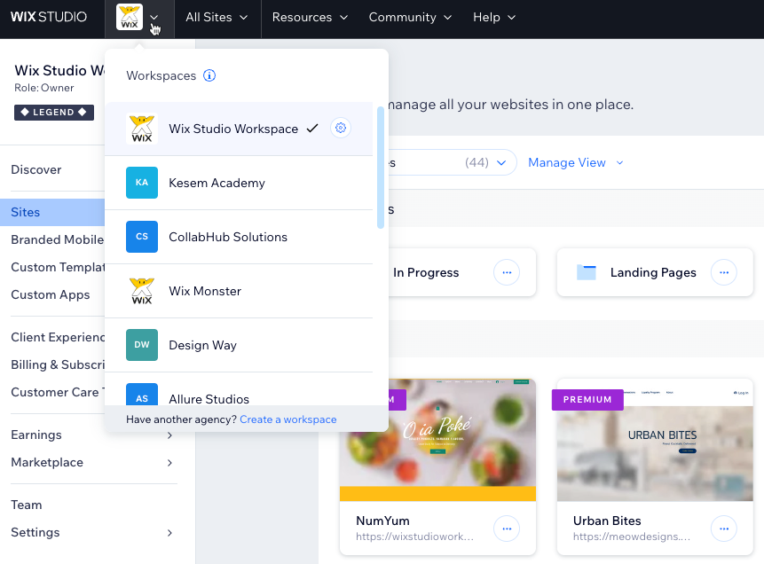 A screenshot of the different workspaces in Wix Studio for one account.