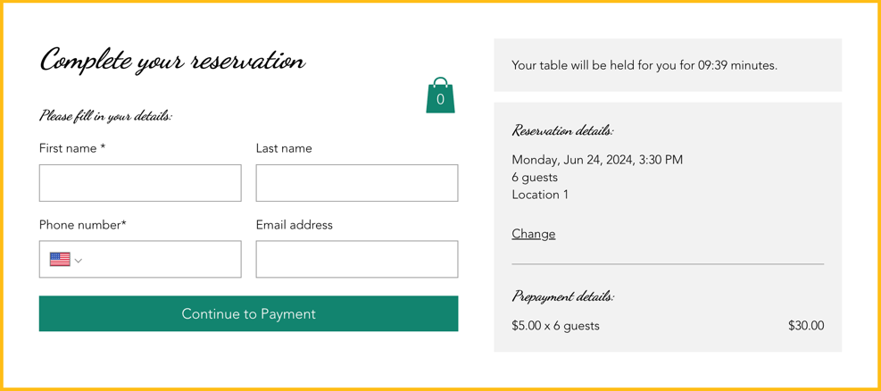 A screenshot of how prepayment appears when a customer reserves a table.