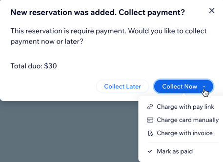 A screenshot of a reservation requiring payment and choosing how to collect payment.