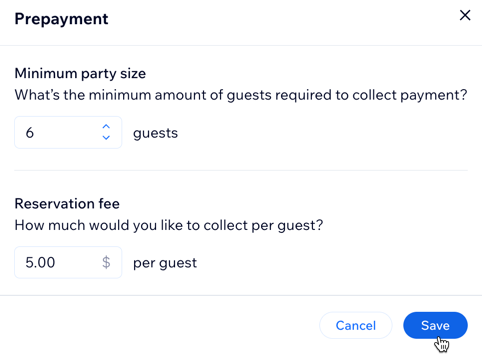 A screenshot of defining your prepayment rules for table reservations.