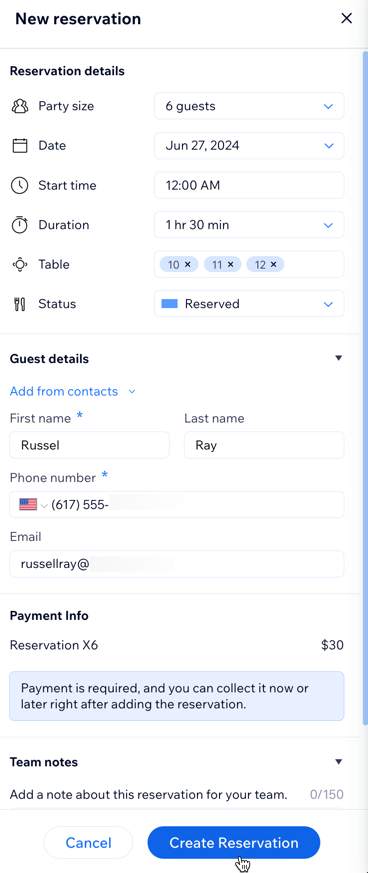 A screenshot of manually creating a table reservation that has a required prepayment.