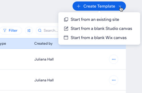 Une capture d'écran du clique sur créer un template en haut de l'onglet des templates personnalisés dans Wix Studio.