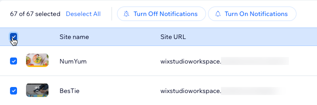 A screenshot of selecting all sites in your workspace and then turning on or off all notifications for these sites.