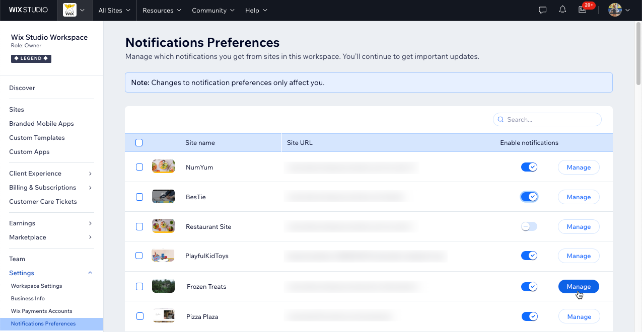 A screenshot of the notifications preferences in the Wix Studio workspace.