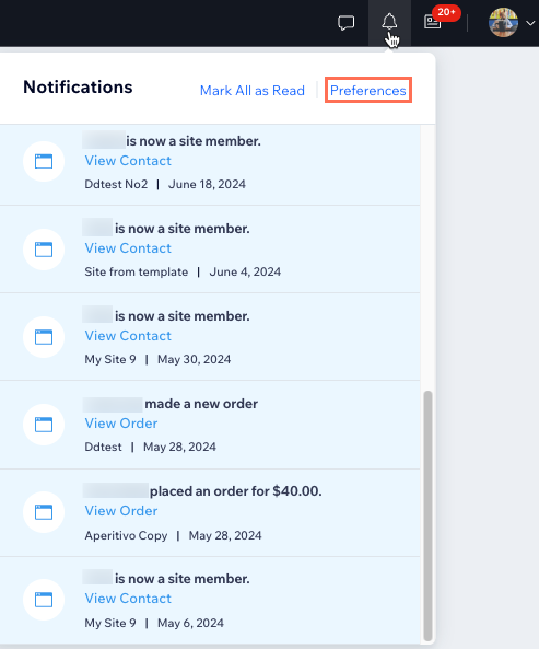 Screenshot del clic sull'icona delle notifiche e delle preferenze per accedere alla scheda delle preferenze sulle notifiche