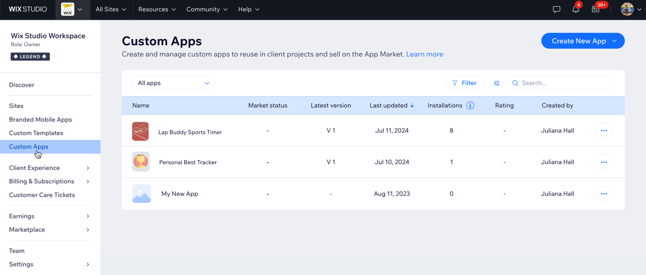 A screentshot of the custom apps tab in the Wix Studio workspace.