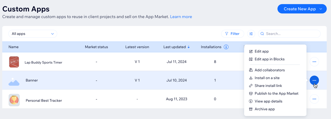 Une capture d'écran montrant les options de gestion dans les applis personnalisées.