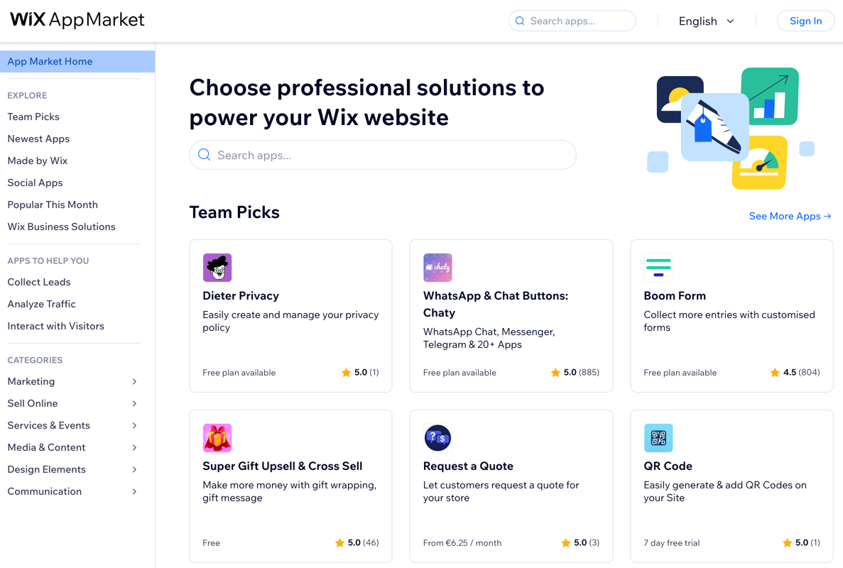 Uma captura de tela do Wix App Market.