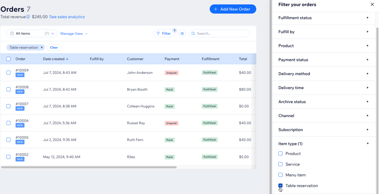 A screenshot of the Orders tab with table reservations filtered.