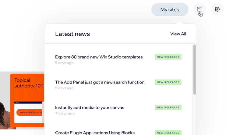 A screenshot of clicking the News Center icon to see the latest news from Wix.