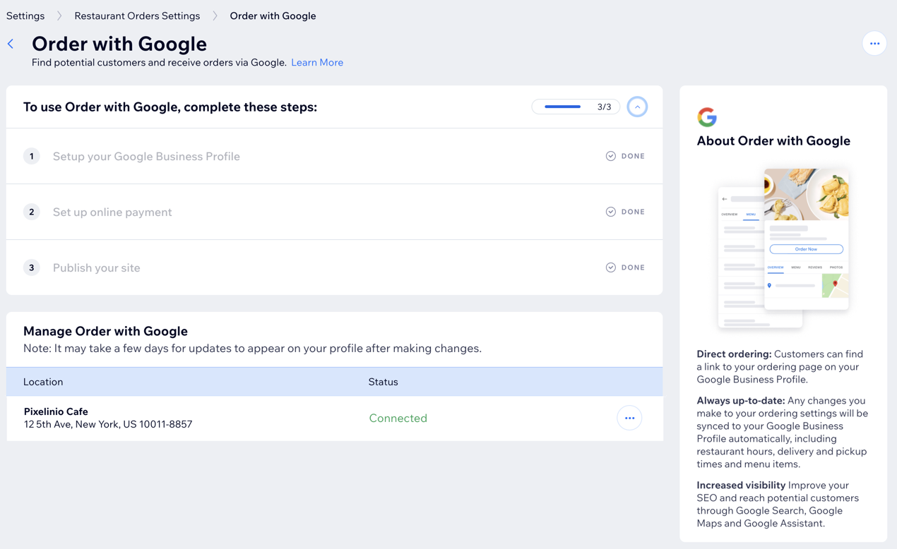 A screenshot of Order with Google in the Wix Restaurants app in the site's dashboard.