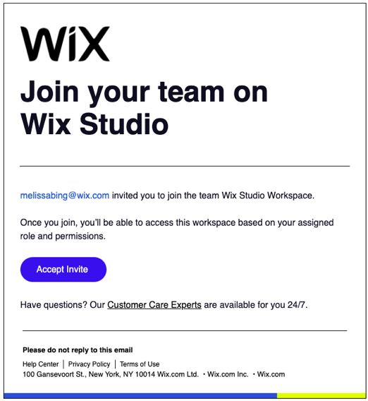 Un e-mail d'invitation pour rejoindre une équipe dans Wix Studio est envoyé.