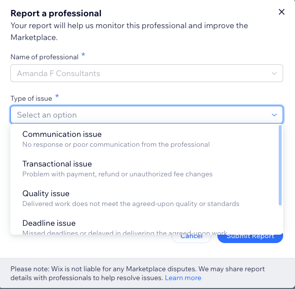 A screenshot of reporting a professional and selecting the type of issue faced.