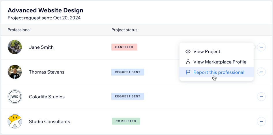A screenshot of clicking more actions button by your matched Wix Professionals.