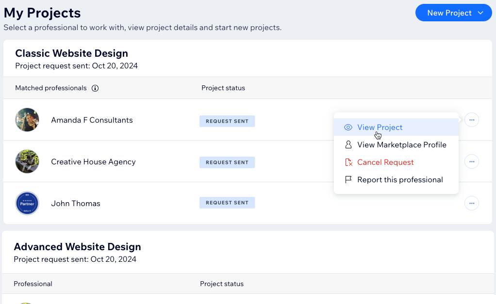 A screenshot of your projects page with your matched Wix Professionals and your projects.