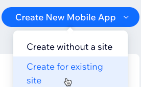 A screenshot of the create new mobile app dropdown with create from website selected.