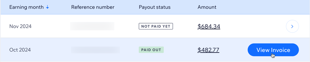 A screenshot of hovering over on a payout invoice and clicking View Invoice.