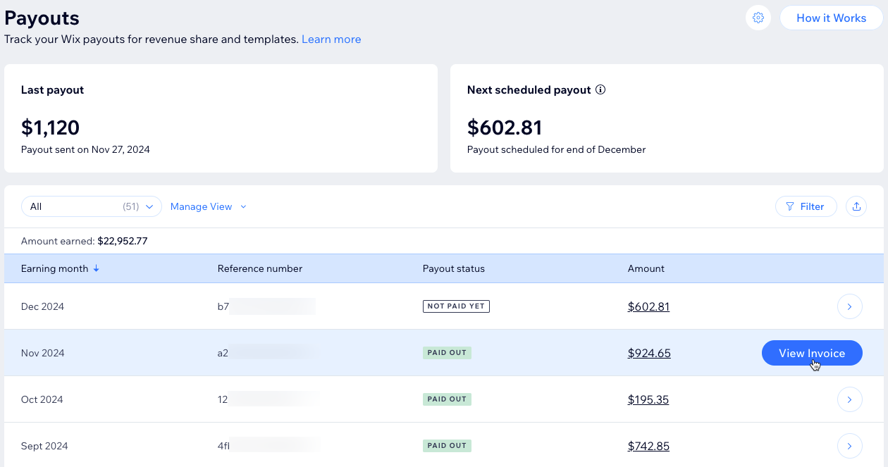 Wix Studio 워크스페이스의 수익 아래 지불금 탭 스크린샷