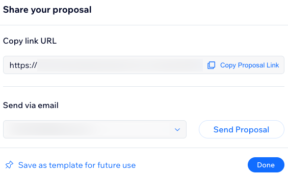 Captura de pantalla de cómo elegir cómo compartir tu propuesta: a través de un enlace directo, por correo electrónico o guardándola como plantilla para usarla en el futuro.