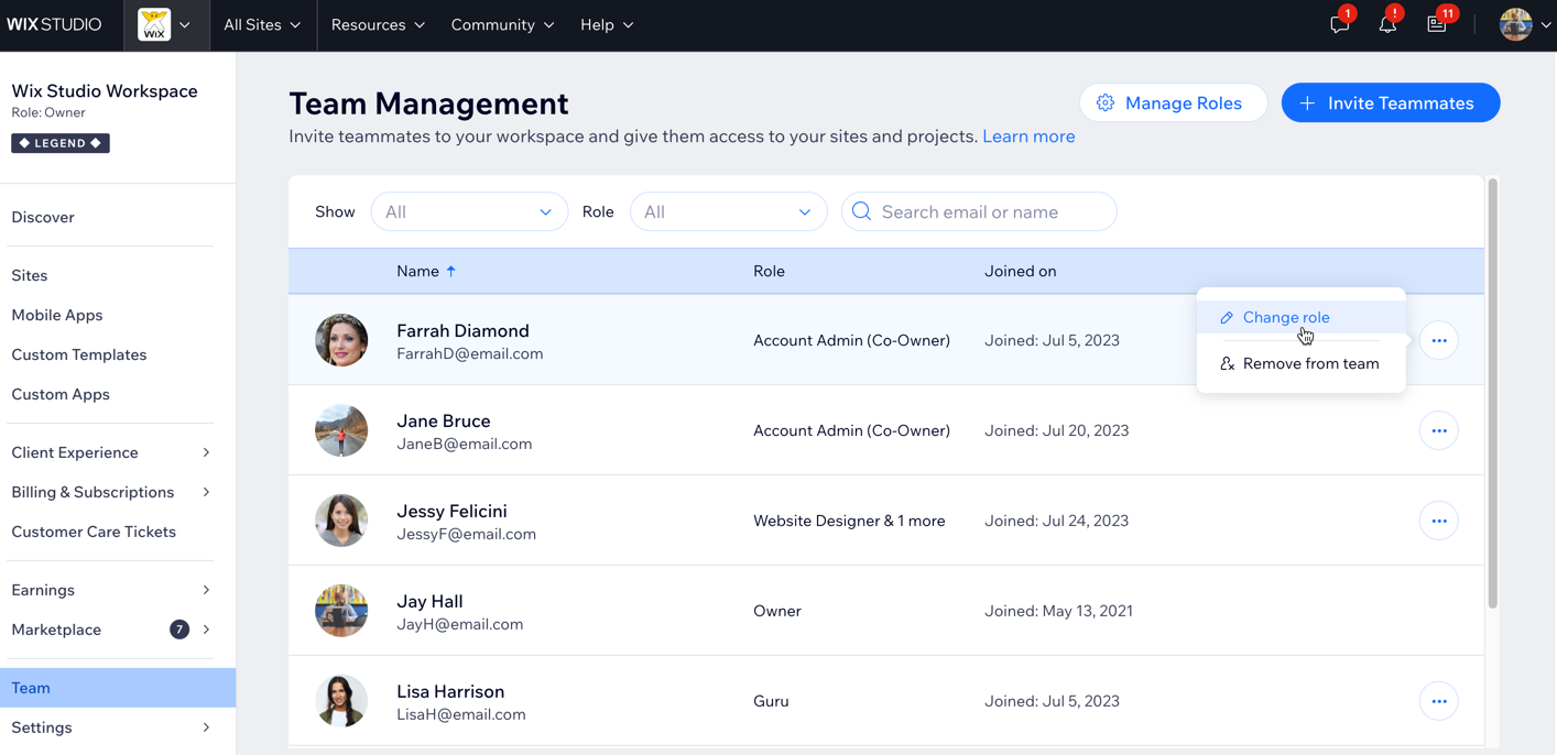 A screenshot of the team tab in Wix Studio where you can manage your team.
