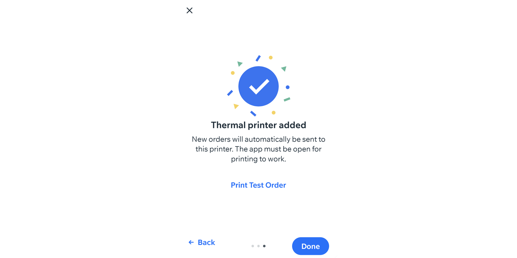 A screenshot of the thermal printer added to the Wix app and tapping Print Test Order.