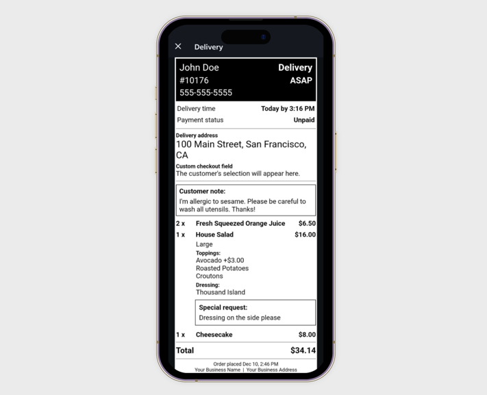 A screenshot of previewing a delivery template for receipts in the Wix App.