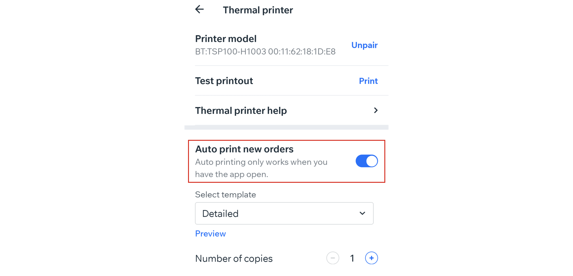 A screenshot of the Auto print new orders toggle for printer settings in the Wix app.
