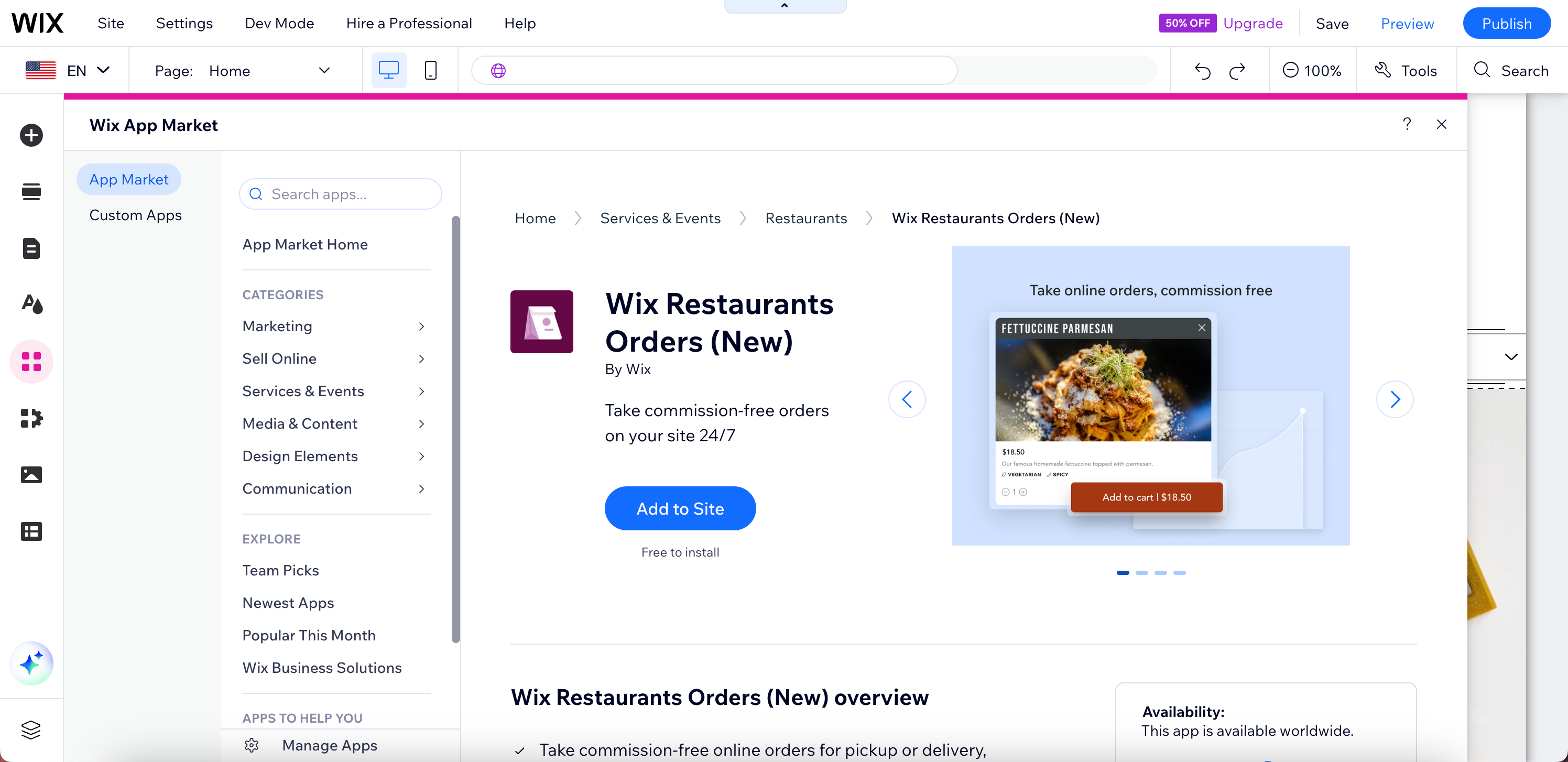 צילום מסך של Wix Editor עם אפליקציית Wix Restaurants Orders (החדשה) פתוחה ב-Wix App Market.