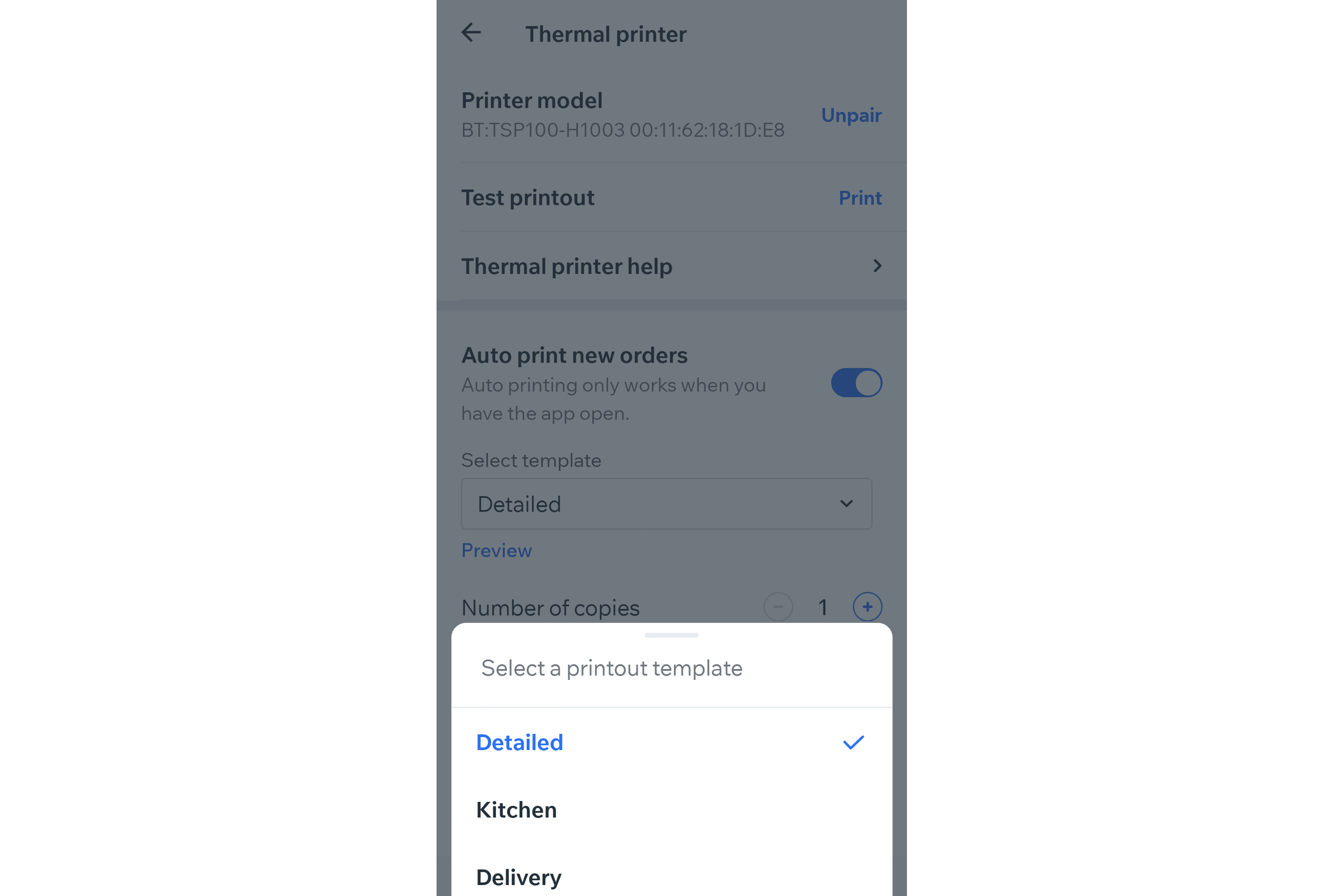 A screenshot of the thermal printer settings in the Wix app.