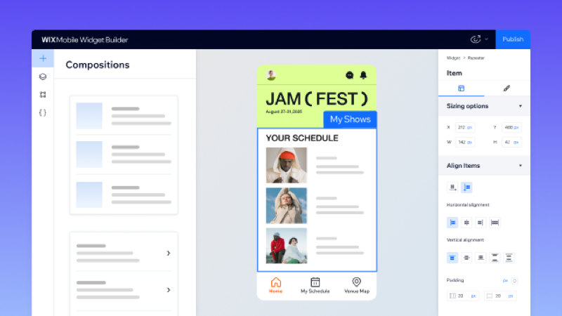 A screenshot of the Wix Mobile Widget Builder to build custom widgets from your native app.