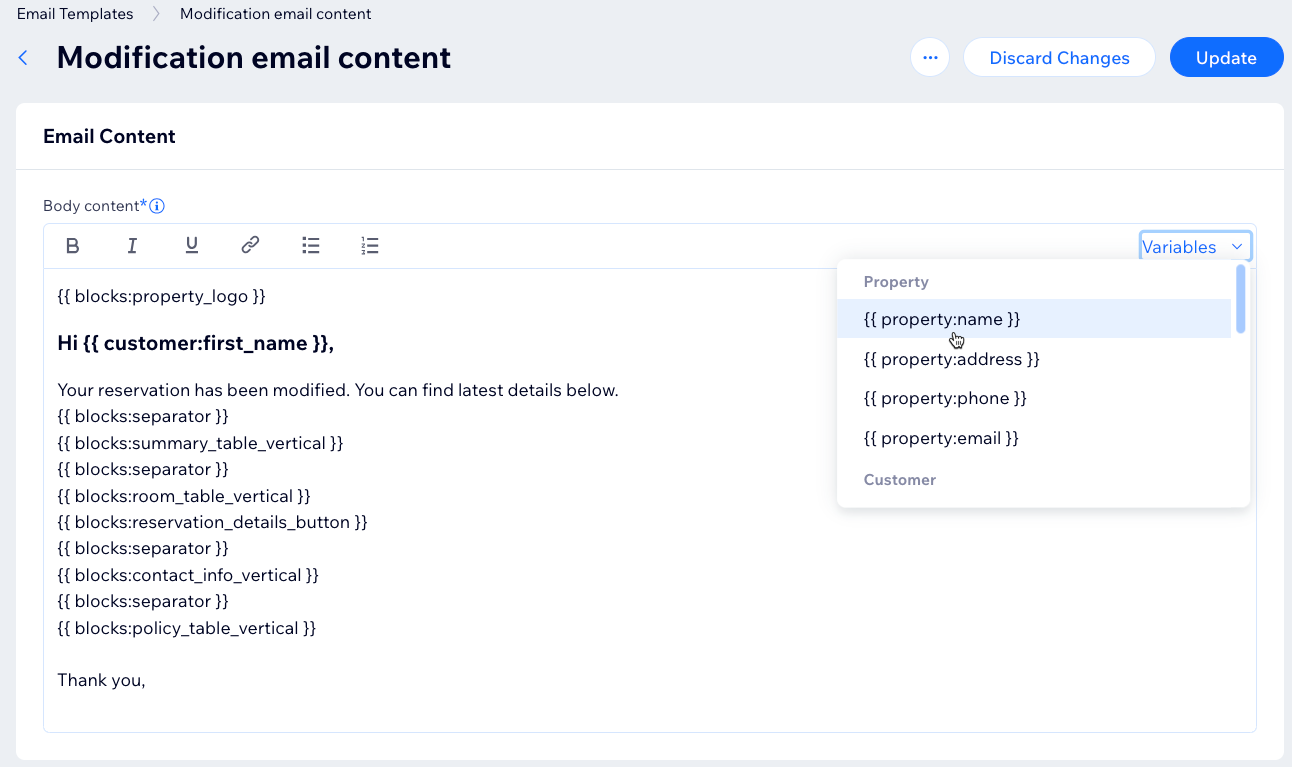 A screenshot of adding dynamic values to the body of an email template.
