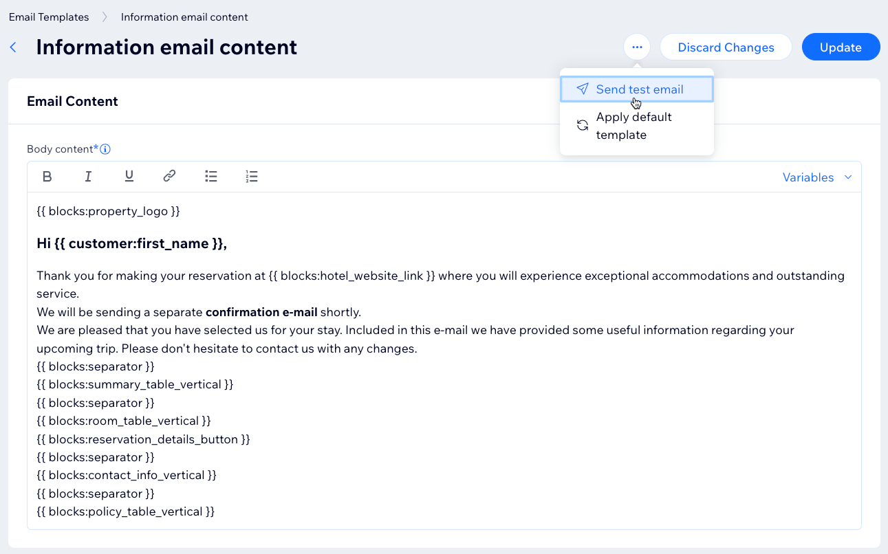 A screenshot showing how to send a test email from the Email templates section of the Wix Hotels by HotelRunner dashboard.