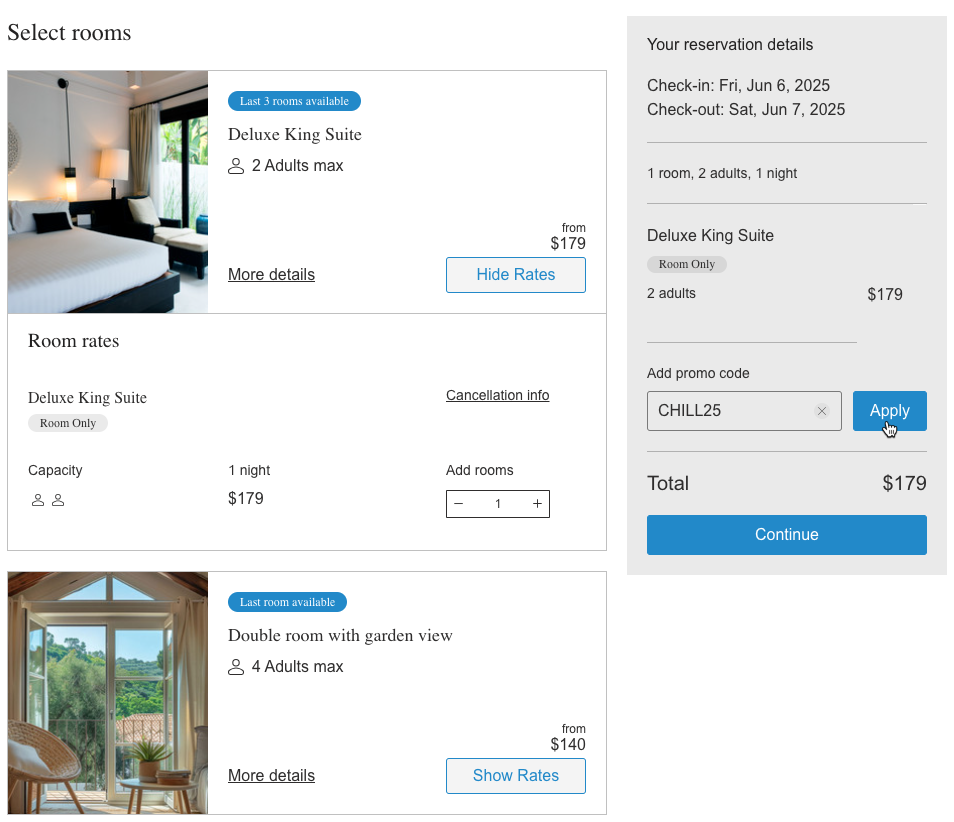 A screenshot of booking a room and applying a promo code during the booking process.
