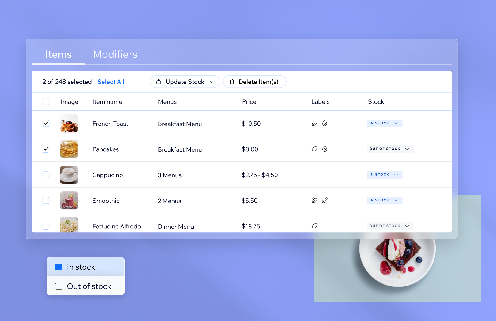 A screenshot of the Wix Restaurant Menus (New) app.