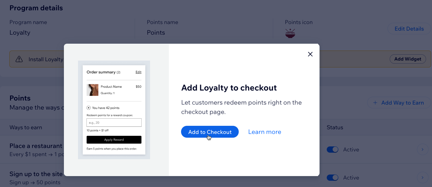 A screenshot of adding the loyalty widget so customers can redeem points in your checkout page.