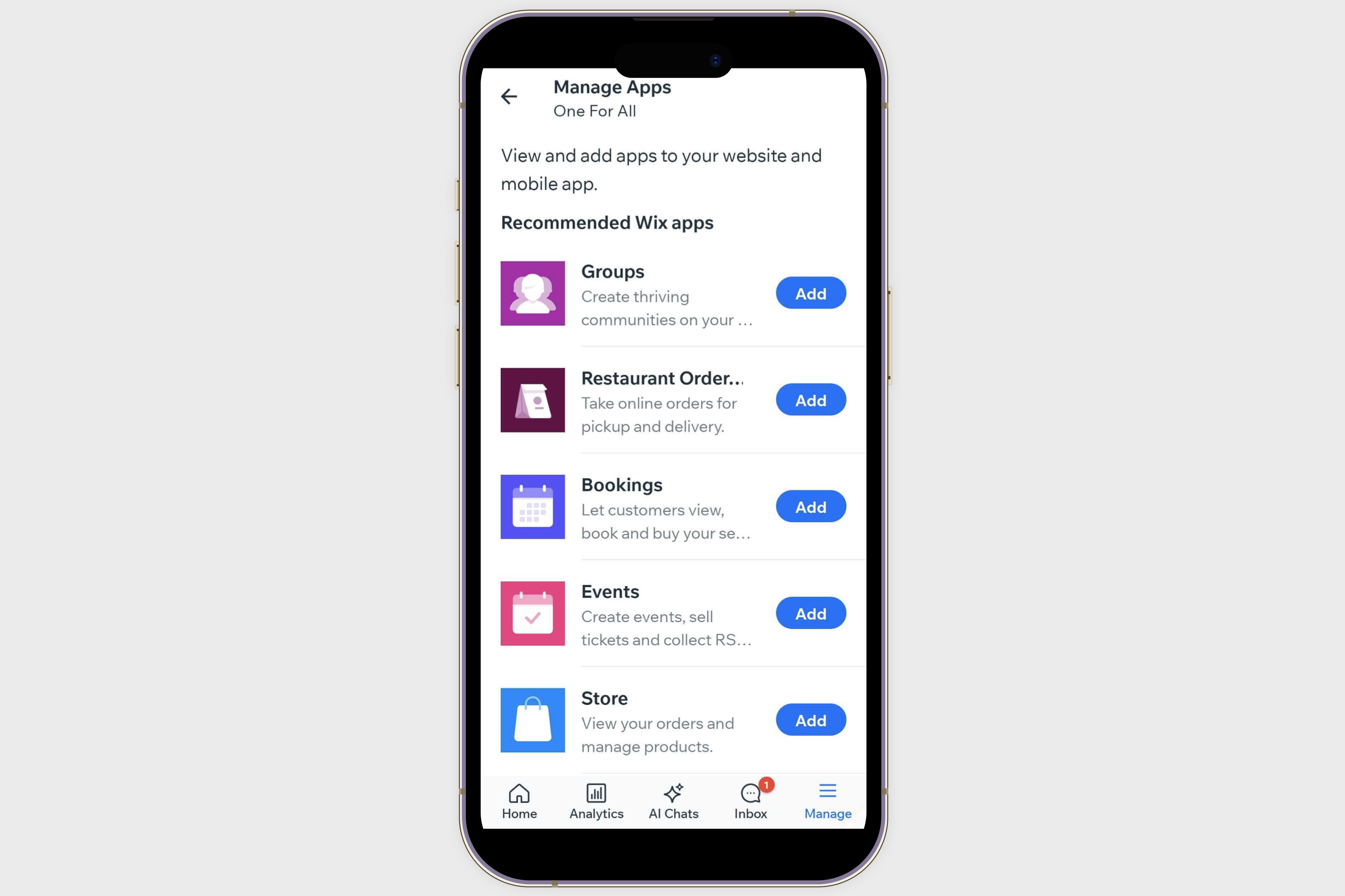 A screenshot of the Manage Apps screen in the Wix app.