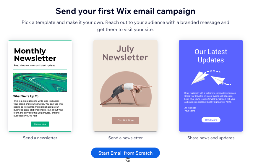 İlk Wix e-posta kampanyanızı oluşturmaya ilişkin ekran görüntüsü.